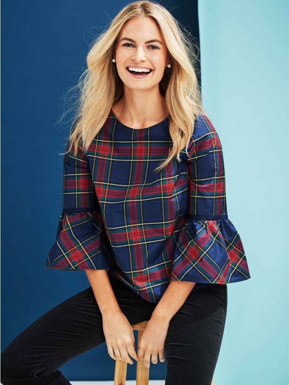 Vineyard Vines Navy, Red & Green Plaid Ruffle-Sleeve Blouse